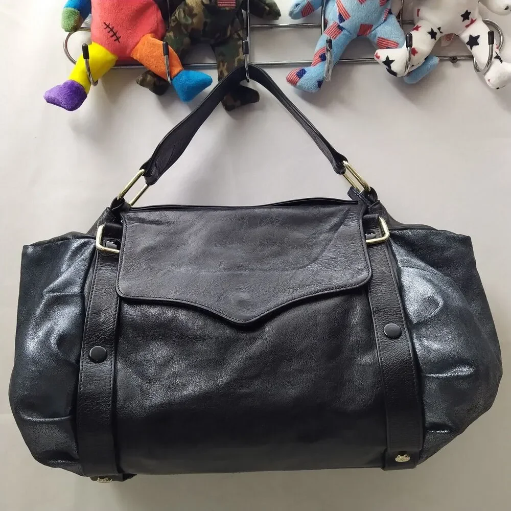Rebecca Minkoff Colorblock Black Gray Leather Double Handle Zipper Satchel Bag